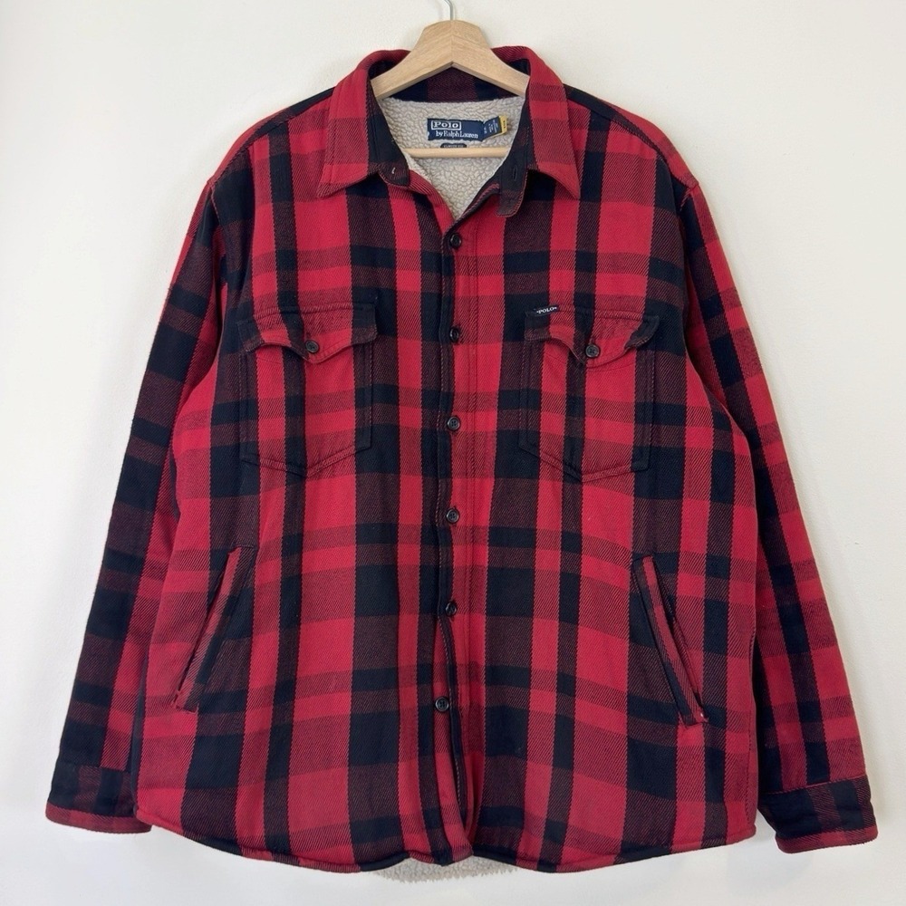 Vintage 90's Ralph Lauren Polo Country Buffalo Red Plaid Sherpa Coat Jacket - XL